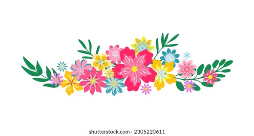 Flores y ramas retro coloridas. Montaje horizontal de flores dibujado a mano, viñeta de groovy, motivo o divisor. Elegante diseño de verano ilustración de estilo plano, patrón de superficie, impresión en papel, tela