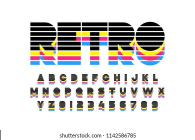 Colorful retro font, 80s style alphabet letters and numbers, vector illustration 