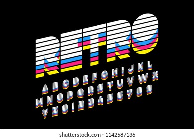 Colorful retro font, 80s style alphabet letters and numbers, vector illustration 