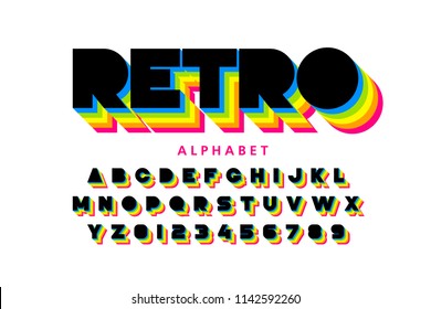 Colorful retro font, 80s style alphabet letters and numbers, vector illustration 