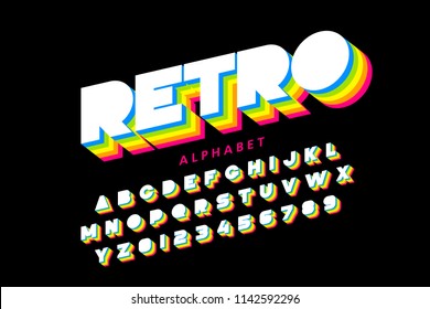 Colorful Retro Font, 80s Style Alphabet Letters And Numbers, Vector Illustration 