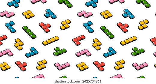 Colorful retro game bricks or shapes seamless pattern. Background of geometric figuires and shapes. Video game and arcade banner.