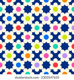 Colorful retro geometric flower seamless grid pattern background.