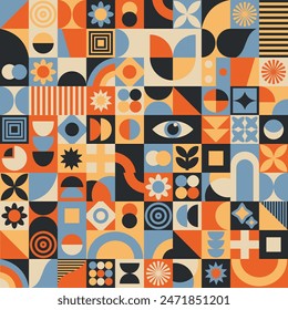 Colorful, retro geometric modern style pattern - bauhaus and brutalism inspired, seamless vector pattern