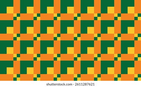 Colorful retro geometric pattern with square and wave shapes in green and yellow hues