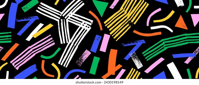 Colorful retro geometric seamless pattern with brush drawn stripes, rectangles and triangles. Trendy minimalist basic figures, straight lines, stamps. Vector modern trendy banner design background.
