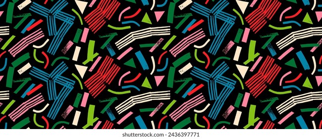 Colorful retro geometric seamless pattern with brush drawn stripes, rectangles and triangles. Trendy minimalist basic figures, straight lines, stamps. Vector modern trendy banner design background.