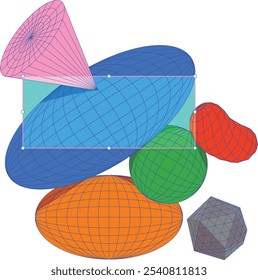 Colorful Retro Geometric Shapes with 3D Grid Patterns – Abstract Digital Art