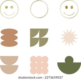 Colorful retro geometric shapes with golden smiley faces. Vector illustration frames