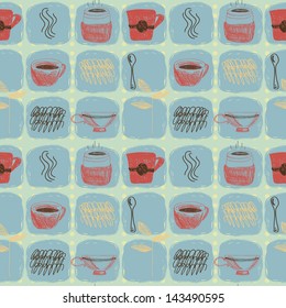 Colorful retro hand drawn seamless pattern with coffee and tea cups