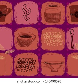 Colorful retro hand drawn seamless pattern with coffee and tea cups