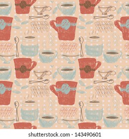 Colorful retro hand drawn seamless pattern with coffee and tea cups