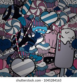 Colorful, retro hand illustrated Halloween treats on a black, white and blue background. Quirky, abstract hand drawn seamless vector candy pattern.