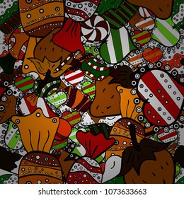 Colorful, retro hand illustrated Halloween treats on a black, white and brown background. Quirky, abstract hand drawn seamless vector candy pattern.
