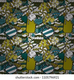 Colorful, retro hand illustrated Halloween treats on a white, green and black background. Quirky, abstract hand drawn seamless vector candy pattern.