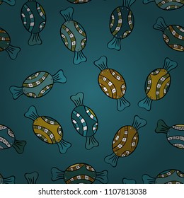 Colorful, retro hand illustrated Halloween treats on a blue, black and green background. Quirky, abstract hand drawn seamless vector candy pattern.