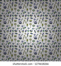 Colorful, retro hand illustrated Halloween treats on a neutral, white and blue background. Quirky, abstract hand drawn seamless vector candy pattern.