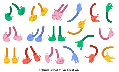 Colorful retro hands in gloves and feet in shoes. Comic retro feet and hands in different poses. Isolated mascot character elements of 1920 to 1950s.