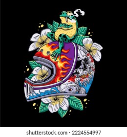 colorful Retro helmet with skull, koi fish and water image with smoking frog sitting on it on leaf and flower background for t shirt design