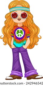 Colorful retro hippie girl in vintage fashion.