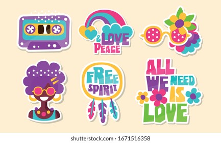 Colorful Retro Hippie Patches Collection, Bright Vintage Stickers Vector Illustration