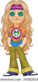 Colorful, retro hippie with peace symbol shirt.