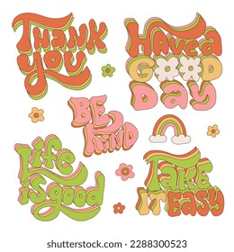 Colorful retro Hippie slogans set, multilayer words and groovy 70s elements. Motivational, Inspirational vintage quotes, lettering text design for poster, t-shirt,card. Vector hand drawn illustration.
