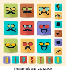 Colorful Retro Hipster Accessories, Glasses and Mustaches with Long Flat Shadow