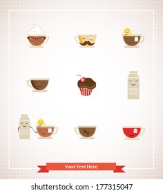 Colorful retro hipsters icons of coffee, tea, milk and dessert