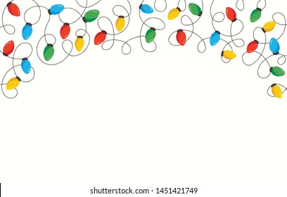 Colorful Retro Holiday Christmas and New Year Intertwined String Lights on White Background Top Frame Element. Winter Festive Holiday Print for Greeting Cards and Banner