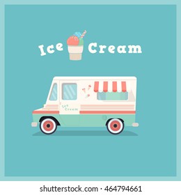Colorful retro ice cream van. Vintage shop car. Vector illustration.  