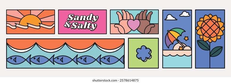 Colorful retro illustrations with sun, waves, fish, and flowers. Includes hands holding a heart and a beach scene with umbrella. Vibrant and playful design. Summer vacation illustrations, vector set.