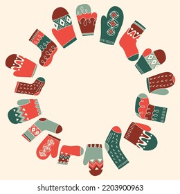 Colorful Retro Knitted Mittens and Socks Vector Round Frame. Hand Drawn Fair Isle Knitwear Graphic Print. Winter Holiday Background. Red and White Christmas Doodle Design