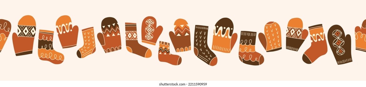 Colorful Retro Knitted Mittens and Socks Vector Seamless Horizontal Pattern Border. Hand Daawn Fair Isle Knitwear Graphic Print. Autumn Background. Cozy Fall Doodle Design