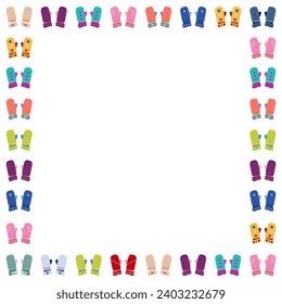 Colorful Retro Knitted Mittens Vector Square Frame. Hand Drawn Knitwear Graphic Print