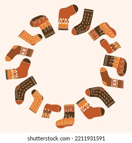 Colorful Retro Knitted Socks Vector Round Frame. Hand Daawn Fair Isle Knitwear Graphic Print. Autumn Background. Cozy Fall Doodle Design