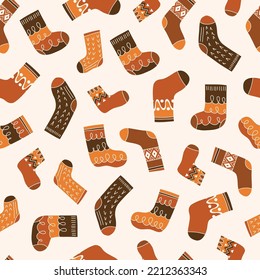 Colorful Retro Knitted Socks Vector Seamless Pattern. Hand Daawn Fair Isle Knitwear Graphic Print. Autumn Background. Cozy Fall Doodle Design