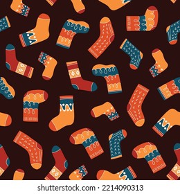 Colorful Retro Knitted Socks Vector Seamless Pattern. Hand Daawn Fair Isle Knitwear Graphic Print. Autumn Background. Cozy Fall Doodle Design