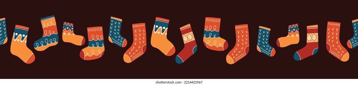 Colorful Retro Knitted Socks Vector Seamless Horizontal Pattern Border. Hand Daawn Fair Isle Knitwear Graphic Print. Autumn Background. Cozy Fall Doodle Design