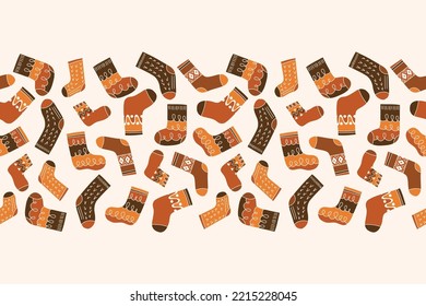 Colorful Retro Knitted Socks Vector Seamless Horizontal Pattern Border. Hand Daawn Fair Isle Knitwear Graphic Print. Autumn Background. Cozy Fall Doodle Design