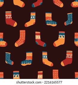 Colorful Retro Knitted Socks Vector Seamless Pattern. Hand Daawn Fair Isle Knitwear Graphic Print. Autumn Background. Cozy Fall Doodle Design