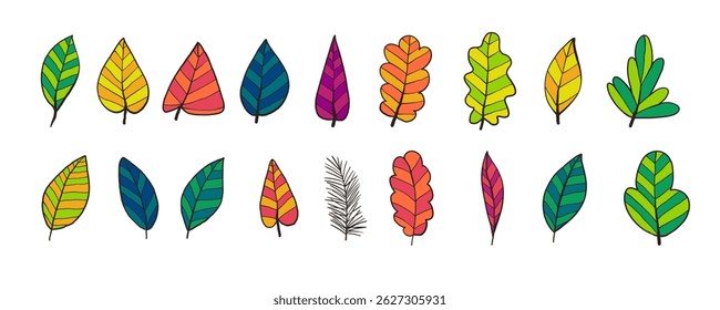 Colorful Retro Leaf Collection in Hand Drawn Style. Doodle quirky autumn and spring branches. Perfect for fashion, clothing, cards, invitations, wrapping paper