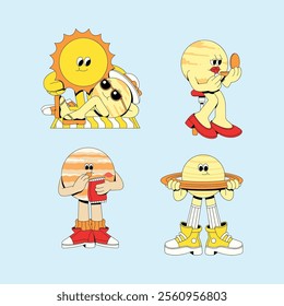 Colorful Retro Lined Cosmic Characters Art
