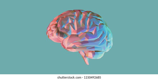 Colorful retro low poly brain illustration isolated on green color banner background