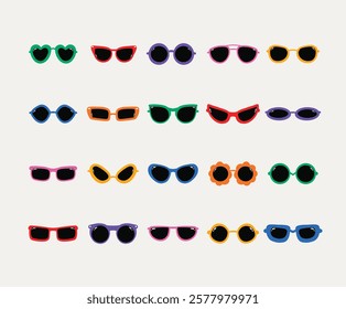 Colorful retro and modern sunglasses collection in flat design for fashion and accessory themes. This vibrant set of trendy eyewear illustrations is perfect for branding.