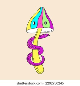 Colorful retro mushroom with snake. Groovy hippie Halloween illustration. Template for sticker, poster and t shirt