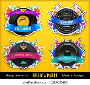 Colorful Retro Music Labels and Badges. Vector Illustration.