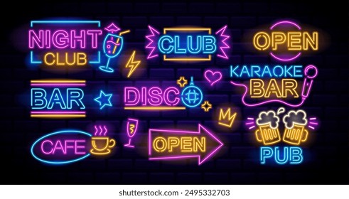 Colorful Retro Neon Signs With Various Text And Symbols For Bar, Nightclub, Disco, Cafe And Pub. Party And Nightlife