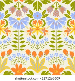 Colorful retro pattern with bright flowers. Floral seamless vector background, vintage spring summer print with tulips, daisies, bells, leaves, garden flowers