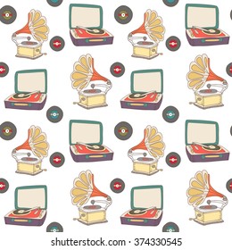 Colorful retro pattern with record-player and gramophone on white background. Hand drawn vector texture. Vintage background